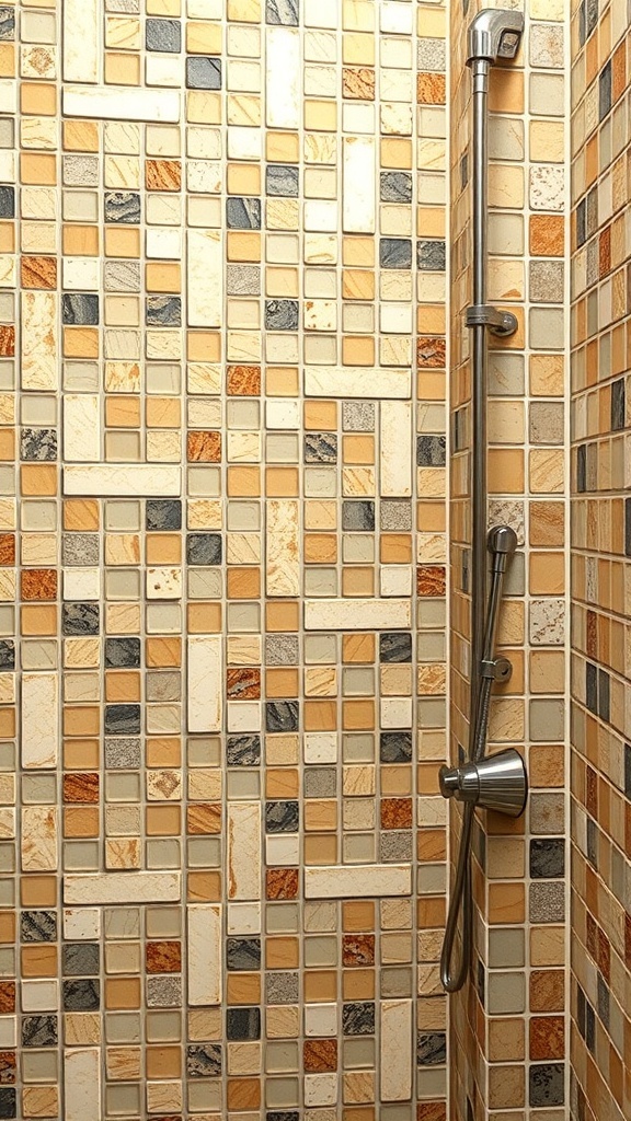 A shower wall featuring a mosaic of small stone tiles in various shades of beige, gray, and earthy tones.