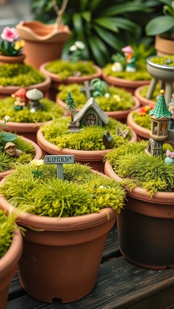 A collection of terracotta pots filled with green moss and tiny fairy garden decorations.