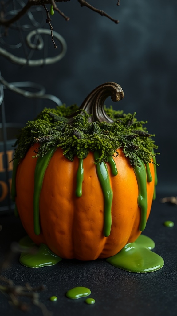 A pumpkin with moss and green slime drips, resembling a swamp monster.