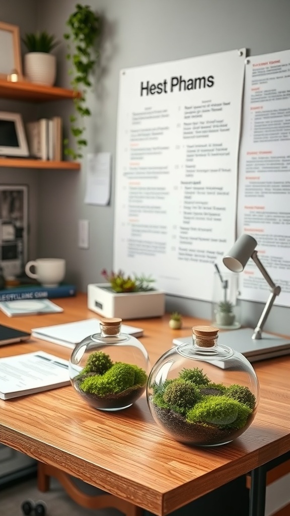 Two glass moss terrariums on a wooden desk in a home office setting.