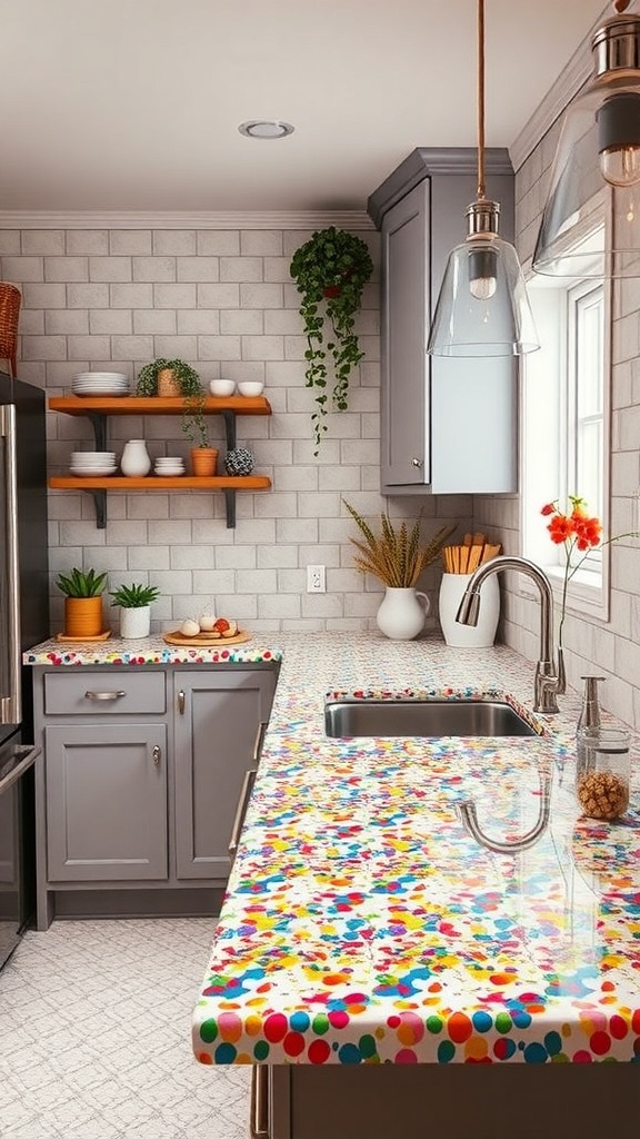 A kitchen featuring a Multi-Color Confetti Mix countertop with gray cabinets and a neutral backsplash.