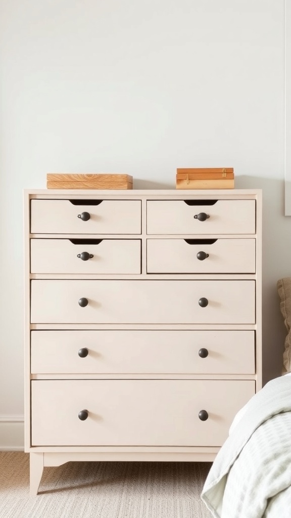 A stylish multi-drawer chest of drawers in a neutral color with black knobs, featuring a simple design and multiple storage options.