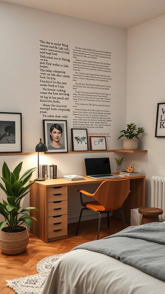 A modern bedroom featuring a workspace with a desk, chair, and potted plant, showcasing a blend of comfort and functionality.