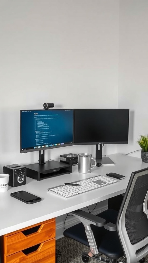 A modern dual monitor desk setup with two screens, a keyboard, and a coffee mug.