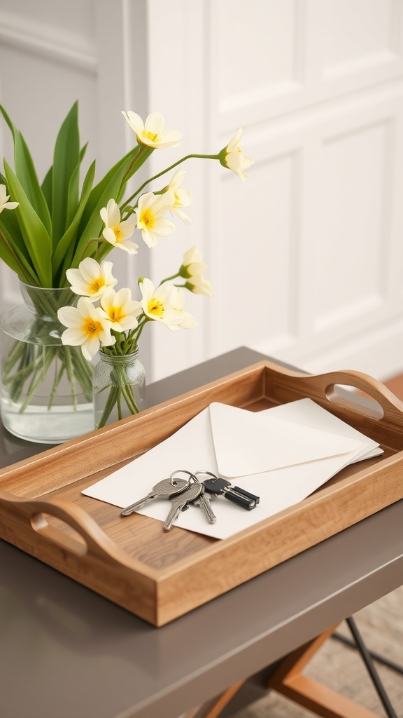 A wooden tray with keys and an envelope, alongside a vase of yellow flowers.