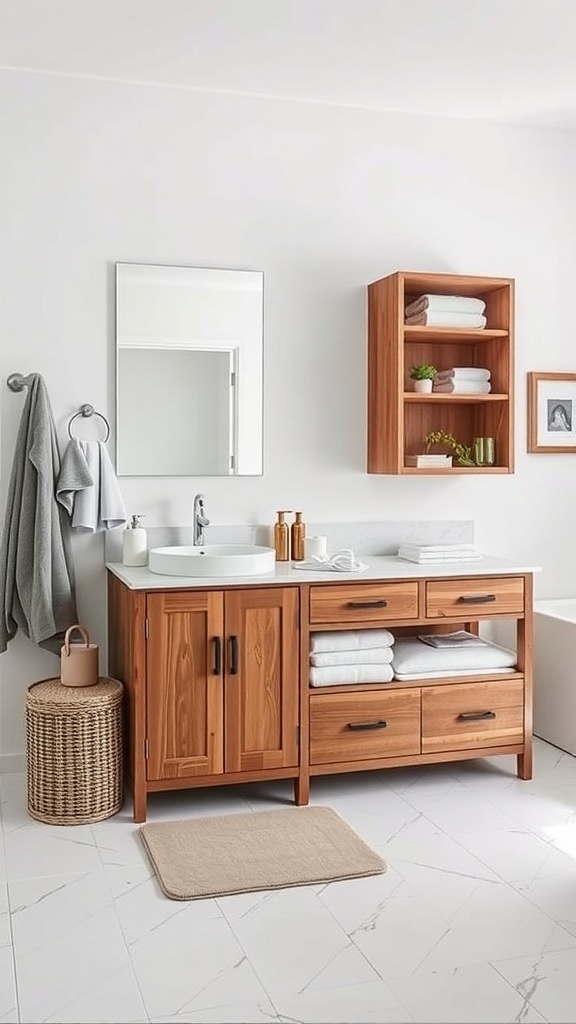 A stylish bathroom featuring a wooden vanity with open shelving and drawers, a woven basket, and neatly arranged towels.