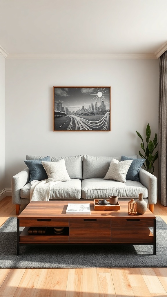 A cozy living room with a light gray sofa and a wooden coffee table, featuring storage options.