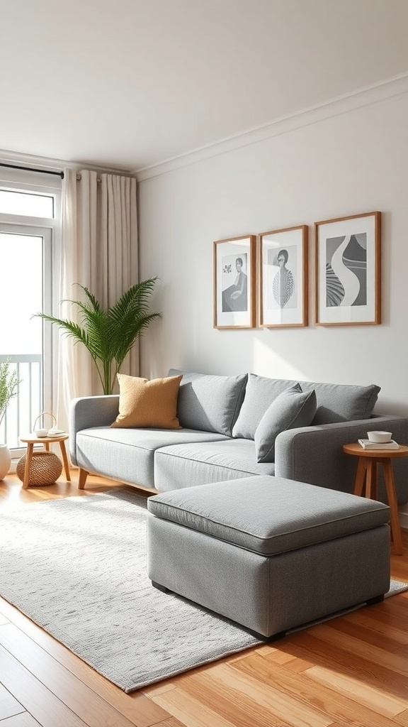 A modern small living room featuring a gray sofa, storage ottoman, and stylish decor.