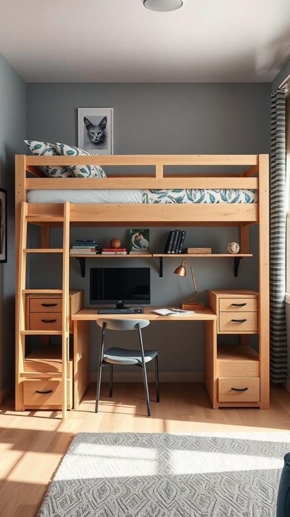 A stylish boys' bedroom featuring a loft bed with a desk underneath, showcasing multi-functional furniture.