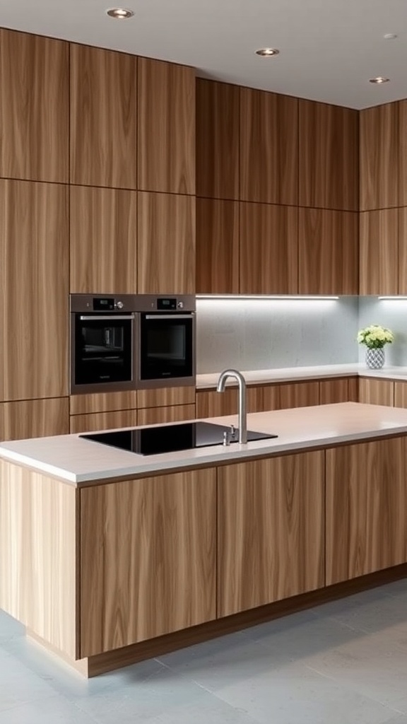A modern kitchen island with built-in appliances and warm wood cabinetry.
