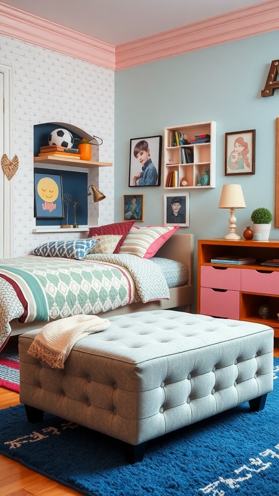 A stylish teen bedroom featuring a tufted gray ottoman in front of a bed, colorful decor, and a cozy atmosphere.