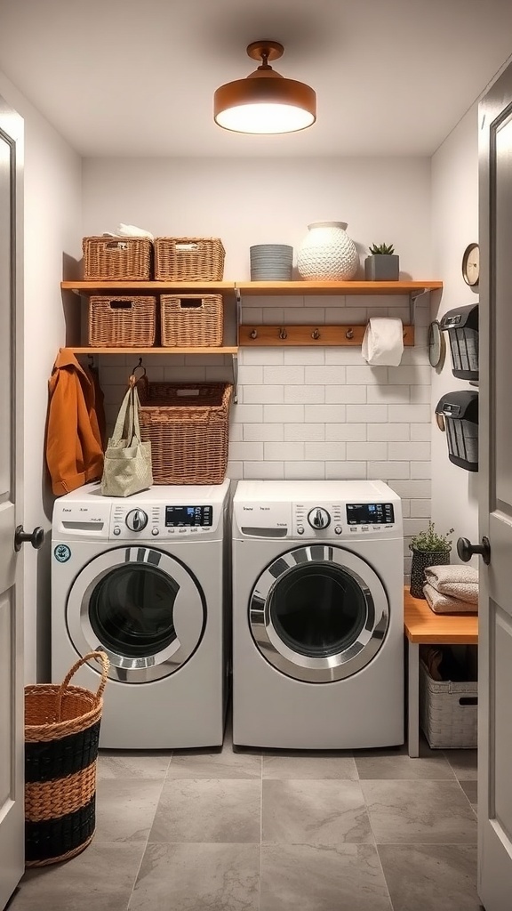 A stylish laundry room and mudroom combination featuring modern appliances, open shelving, and hooks for coats.