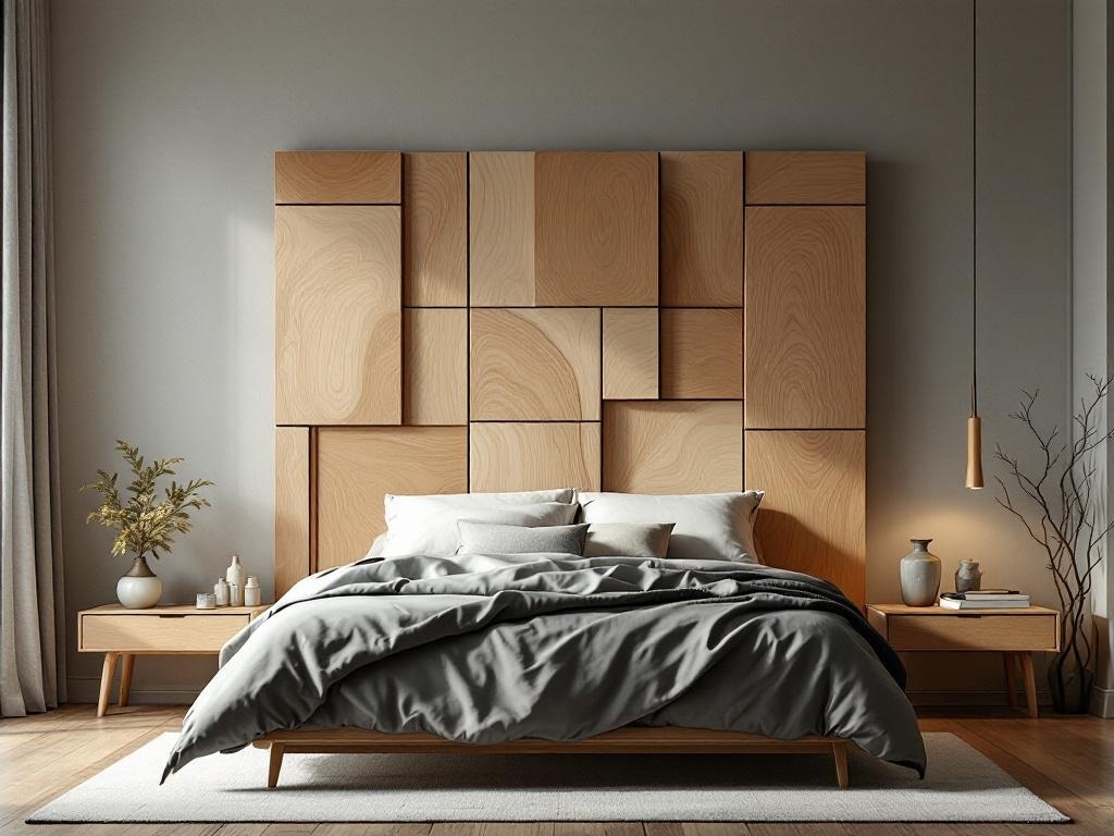 A stylish multi-panel modular plywood headboard in a modern bedroom setting.