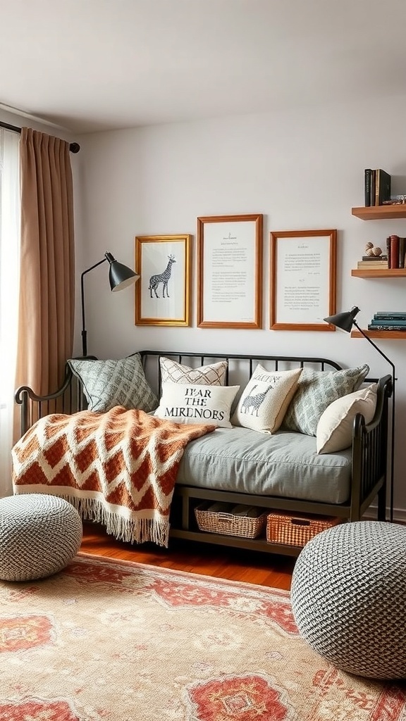 Cozy reading nook featuring a multi-purpose daybed with pillows and a throw blanket.