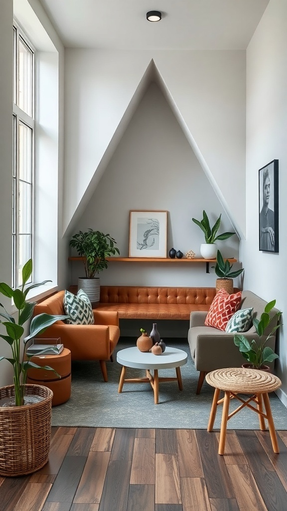 A cozy triangle nook workspace featuring multi-use furniture, including a sofa, armchair, coffee table, and plants.