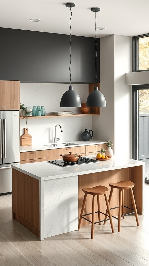 A modern kitchen featuring a multi-use island with a white countertop and wooden stools, complemented by pendant lighting.