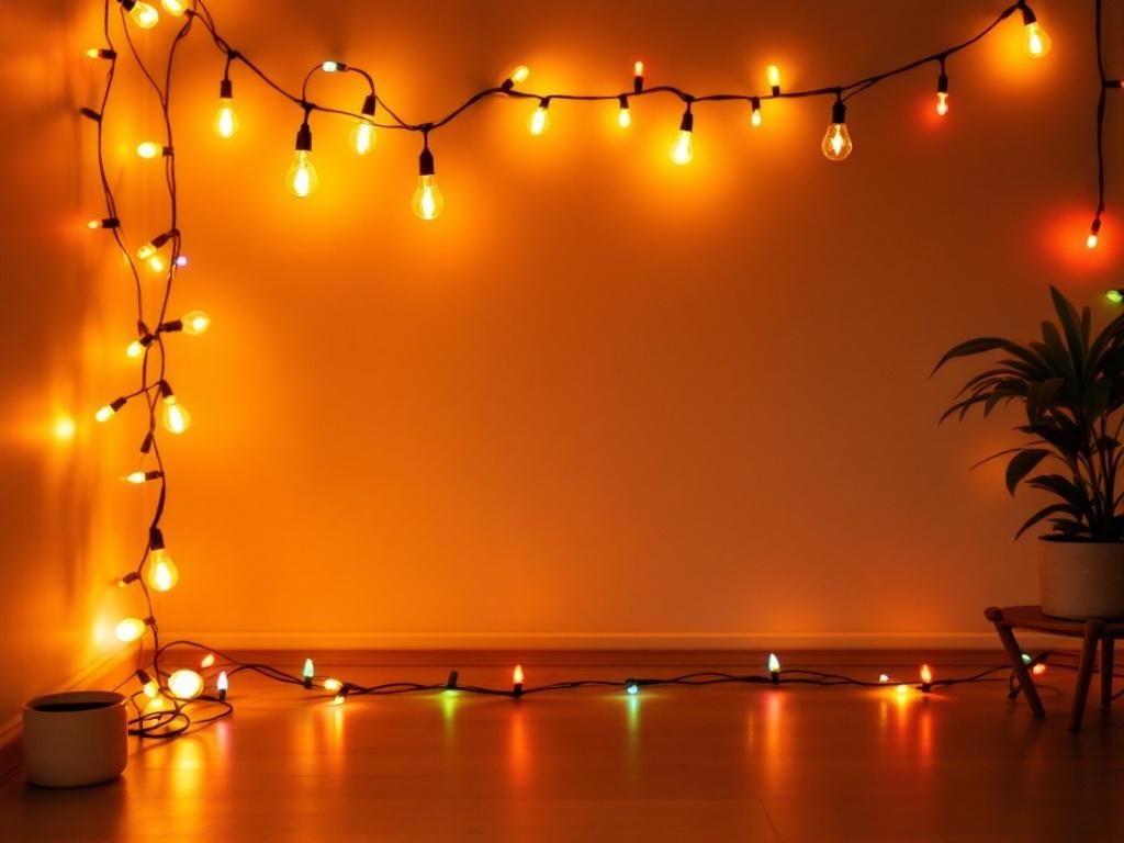 A cozy setup with multicolor string lights illuminating a wall, creating a warm and festive atmosphere.
