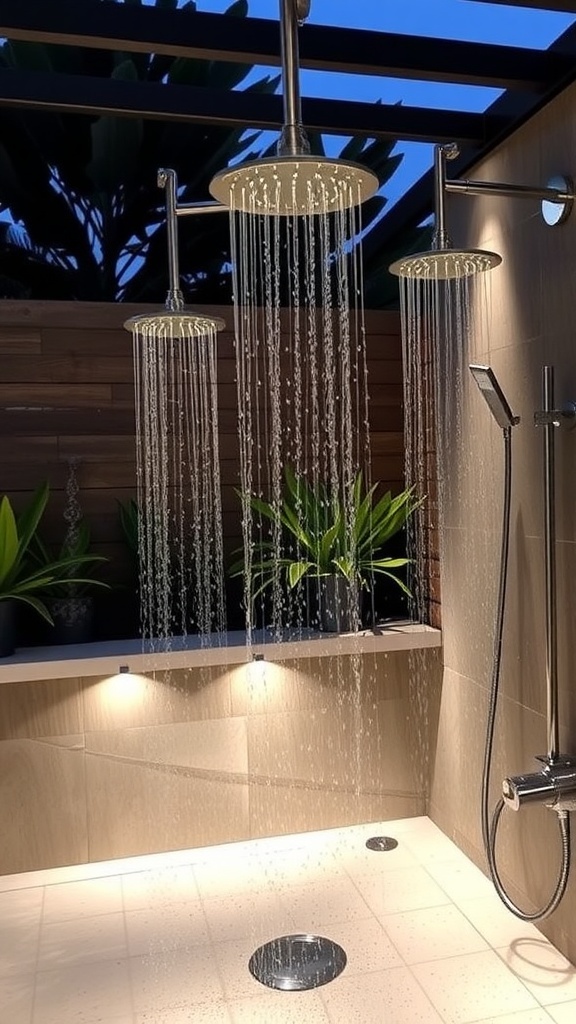 Outdoor shower with multiple shower heads, surrounded by plants and soft lighting.