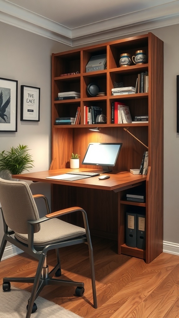 A modern small home office featuring a desk with built-in storage and shelves.