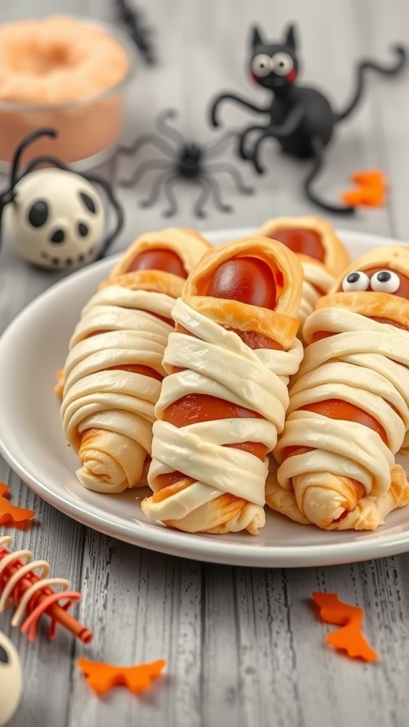 A plate of Mummy Hot Dogs wrapped in crescent roll dough, with mustard eyes, surrounded by Halloween decorations.