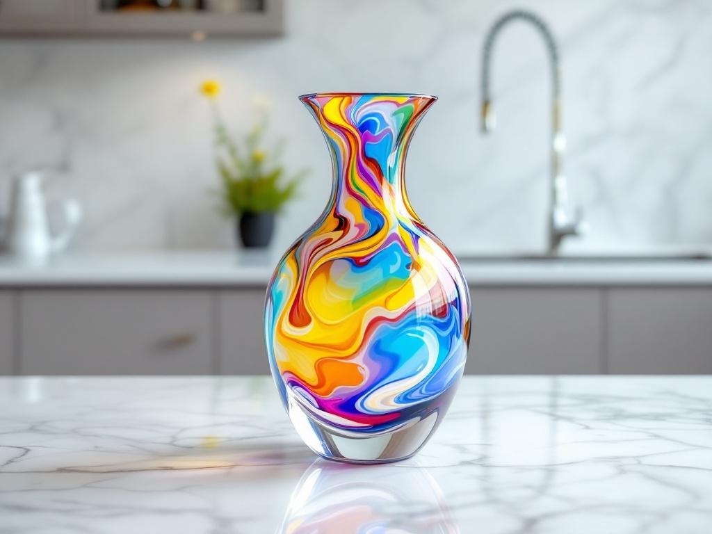 Colorful Murano glass vase with swirling patterns on a marble countertop