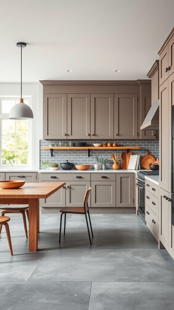 A modern kitchen featuring mushroom gray cabinets, gray flooring, and a wooden dining table.
