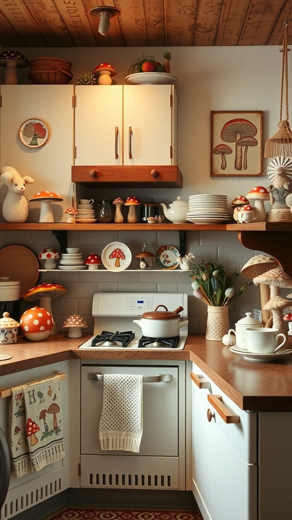 A cozy kitchen featuring mushroom motifs in decor, including plates and decorative items on shelves.