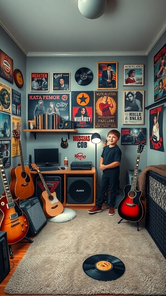 A boy standing in a music-themed room filled with guitars, vinyl records, and music posters.