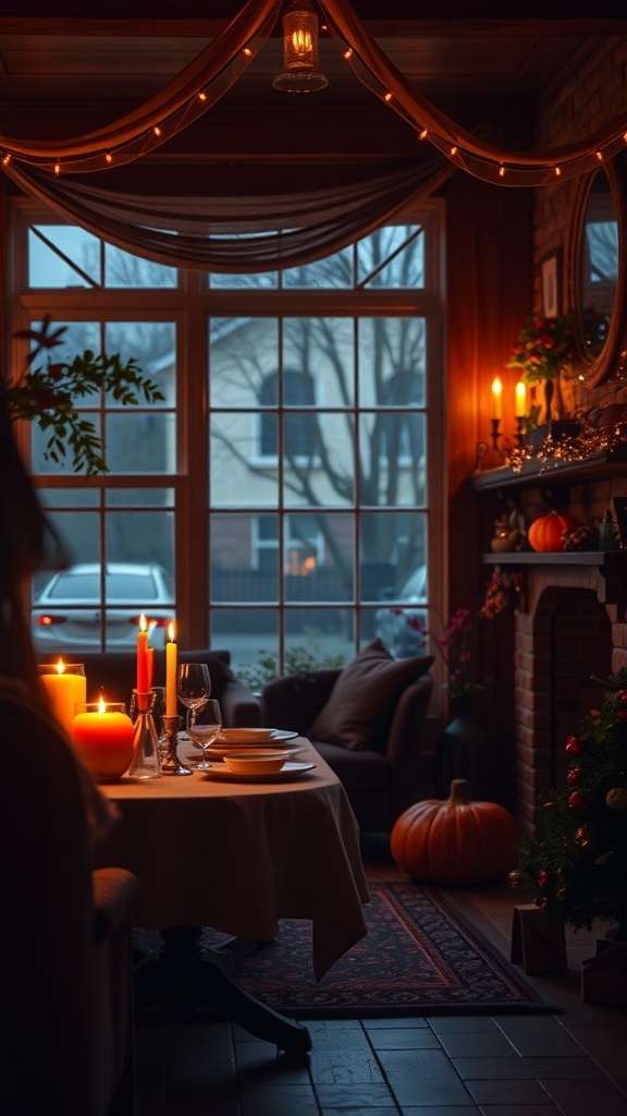 A cozy dining area decorated for Thanksgiving with candles, fairy lights, and a pumpkin.