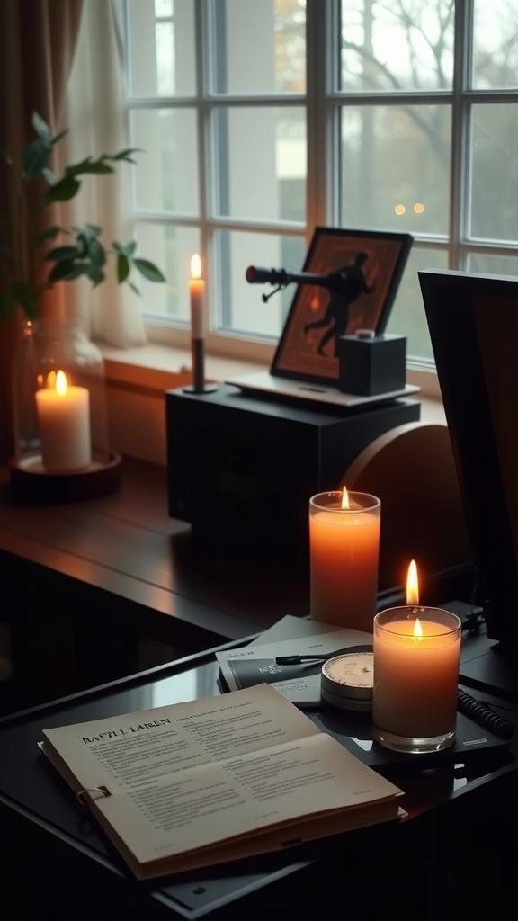 A cozy indoor setting with candles, a Ralph Lauren document, and a warm ambiance