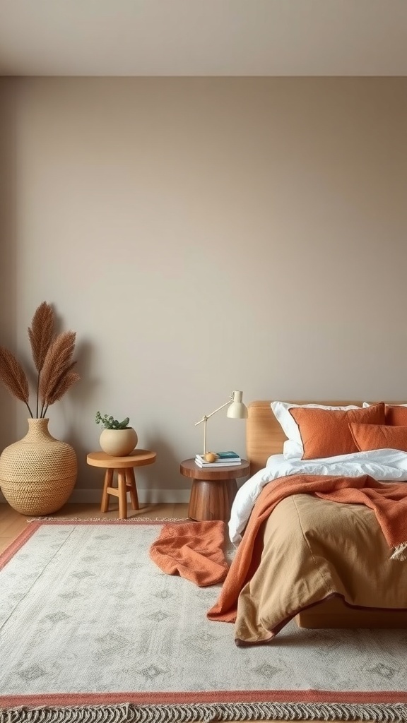 A serene Japandi bedroom featuring muted accent colors, warm terracotta tones, and natural materials.