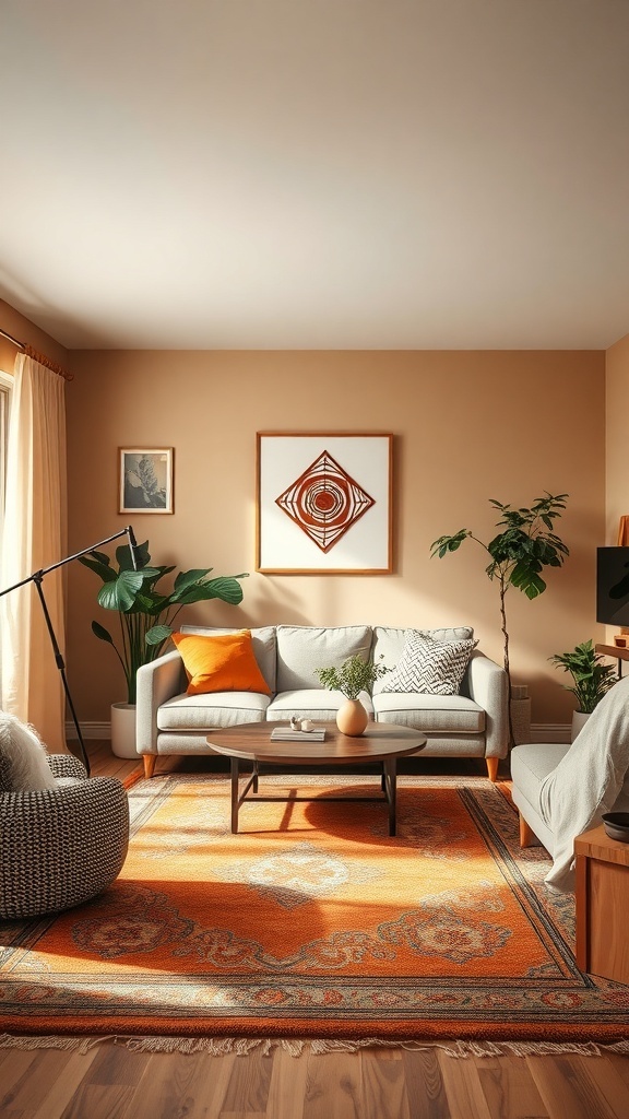 A cozy living room with muted caramel walls, light furniture, an orange rug, and plants.