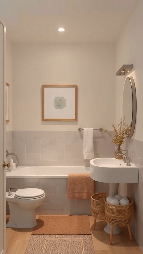 A serene bathroom featuring a muted color palette with beige walls, gray tiles, and natural wood accents.