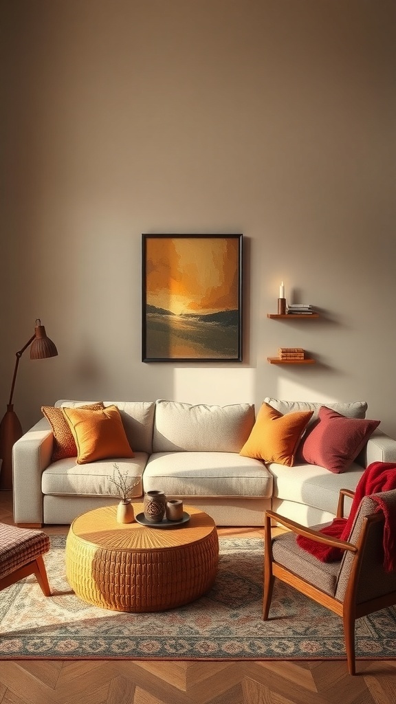 A cozy living room with a muted earthy color palette featuring a beige sofa with colorful pillows, a round wooden coffee table, and warm lighting.