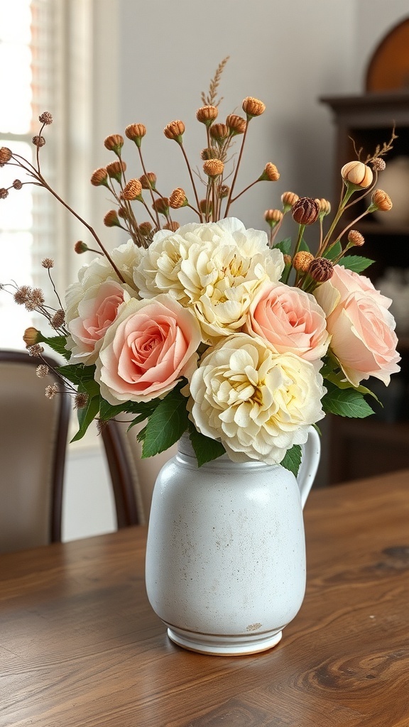 A vintage-inspired floral arrangement with pink roses and cream dahlias in a simple white pitcher.