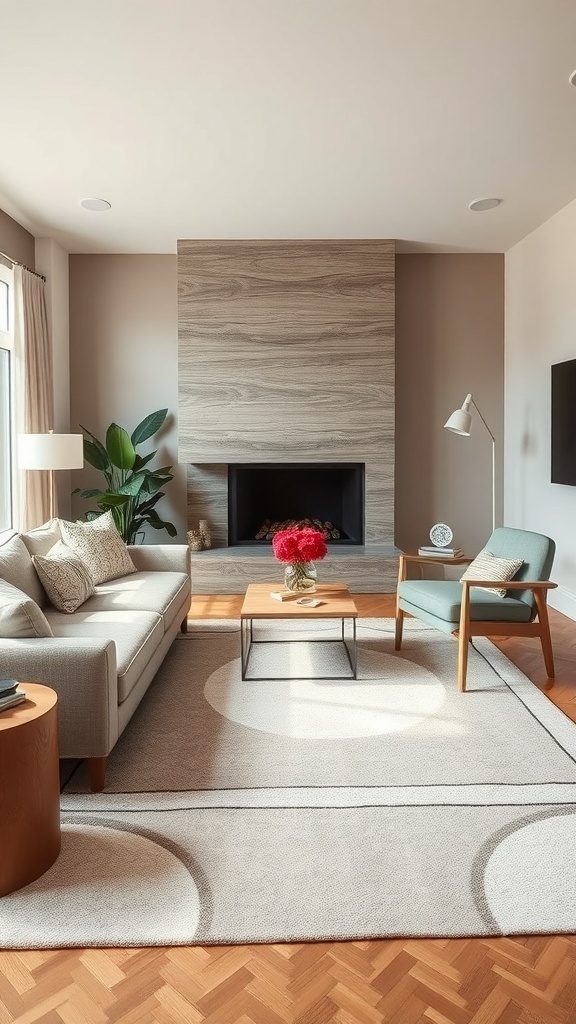 A modern living room featuring a muted geometric rug, light sofa, and wooden furniture.