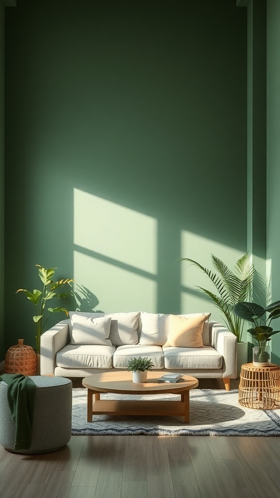 Living room with muted green walls, a cozy sofa, and indoor plants.