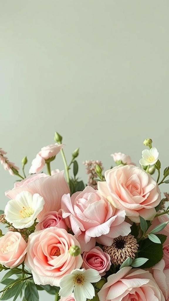 A bouquet of soft pink roses and white flowers with a muted green background.