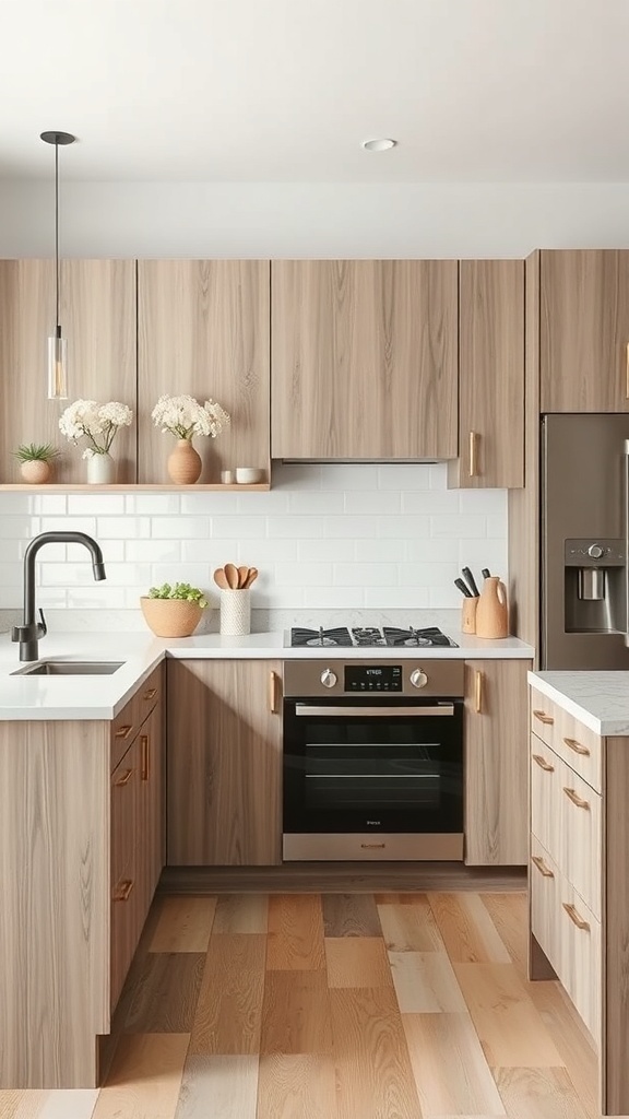 A modern kitchen featuring muted greige oak cabinets, white countertops, and brass hardware.
