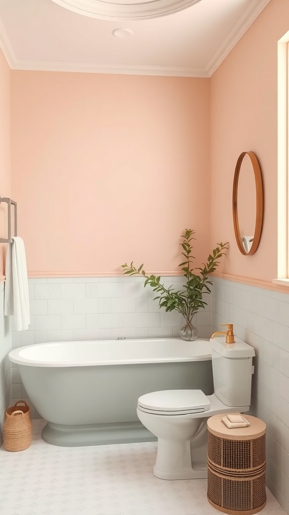 A bathroom featuring muted peach walls, a seafoam bathtub, and greenery for a fresh spring look.