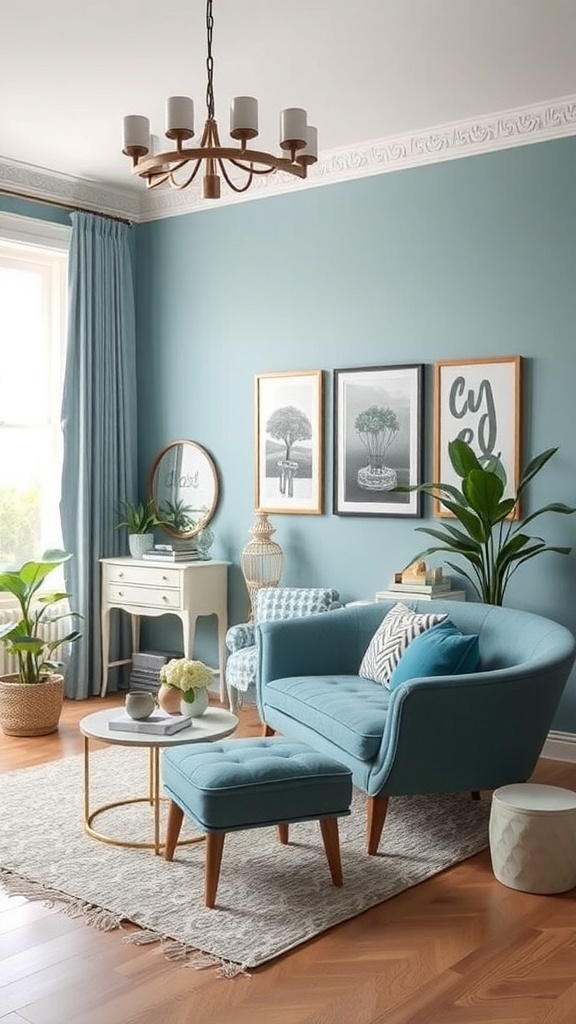 A cozy room featuring muted teal walls, light wood furniture, and decorative plants.