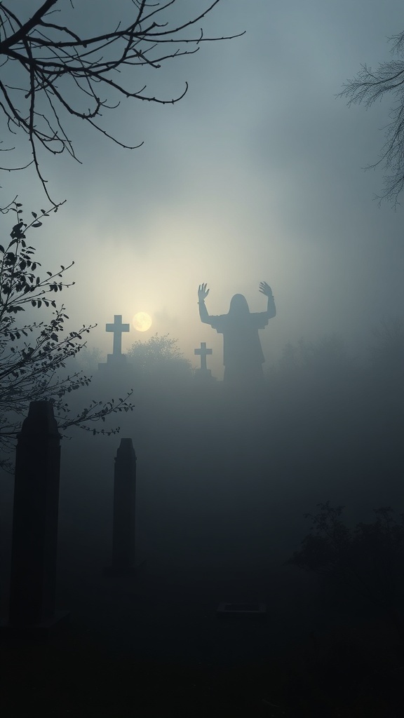 A foggy graveyard scene with a shadowy figure and tombstones