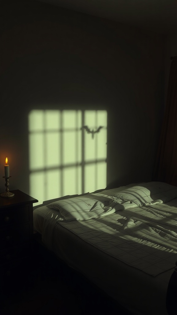 A cozy bedroom with a bed and a candle casting a bat shadow on the wall.