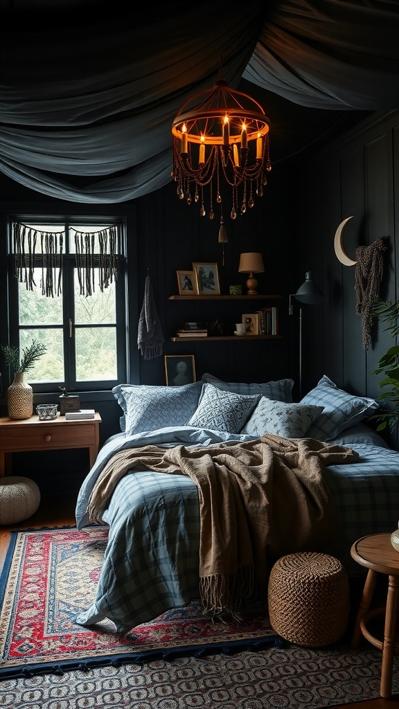 A dark boho bedroom featuring mystical and celestial decor with a cozy atmosphere.
