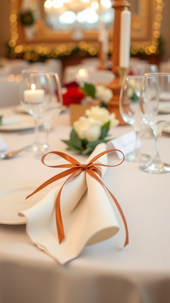 A white napkin tied with a brown ribbon on a festive dining table.