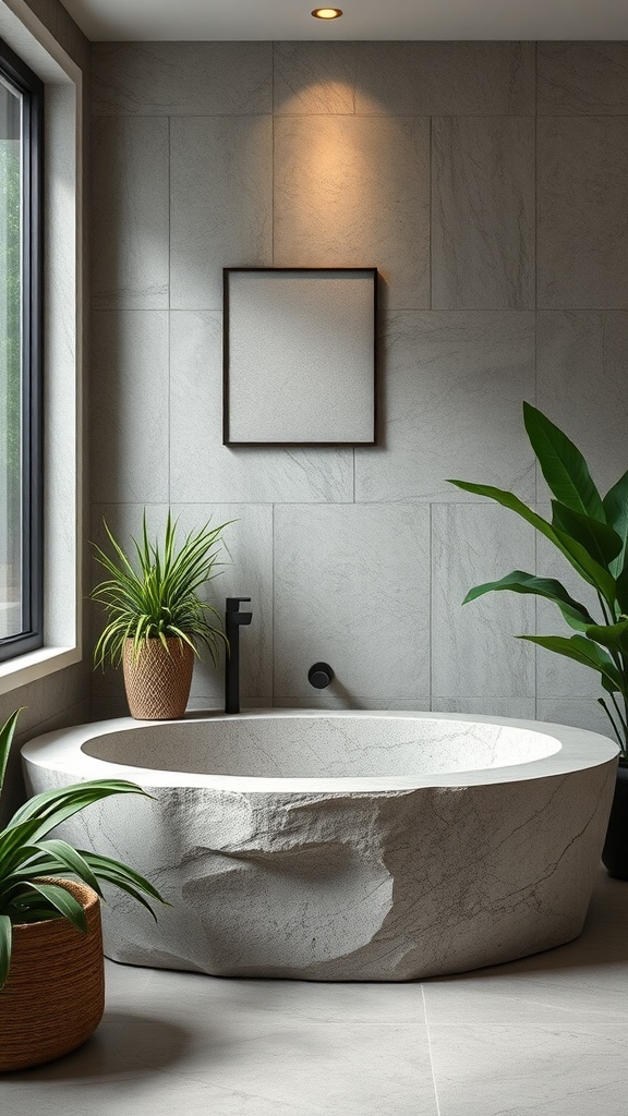 A natural-finish bathtub made of stone in a modern bathroom with plants and neutral tones.