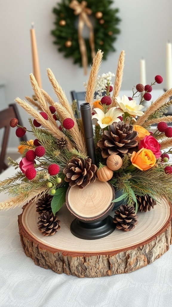 A beautiful natural centerpiece featuring pinecones, dried flowers, and colorful blooms on a wooden slice.