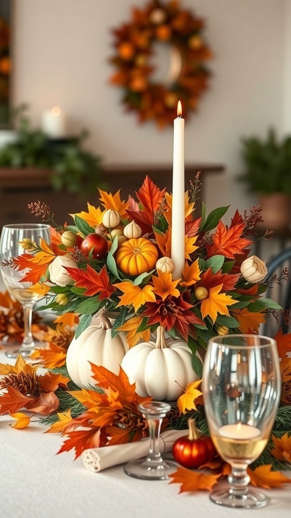 A Thanksgiving table centerpiece featuring pumpkins, colorful leaves, and a candle.