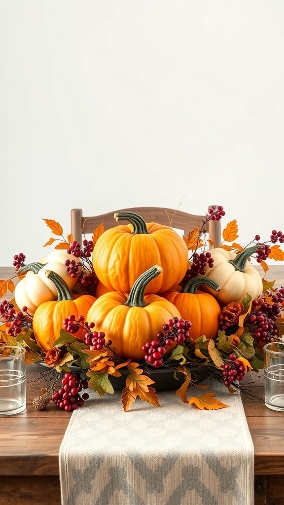 A Thanksgiving table centerpiece featuring orange and white pumpkins, red berries, and autumn leaves.