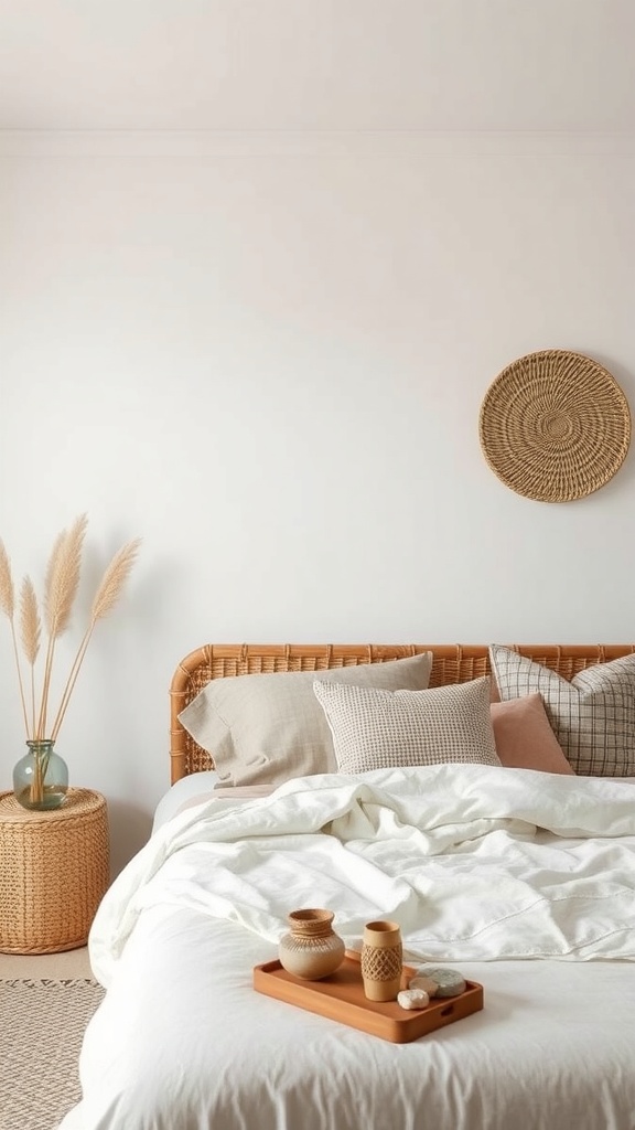 A cozy Southwestern bedroom featuring a rattan headboard, earthy tones, and natural accessories like pampas grass and ceramic pots.